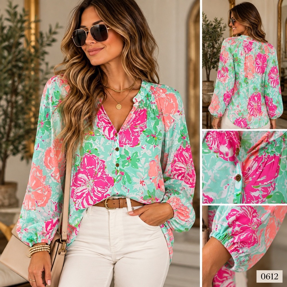 Lilly Pulitzer Silk Floral Blouse Womens Size Medium Pink Mint Long Sleeve 0612